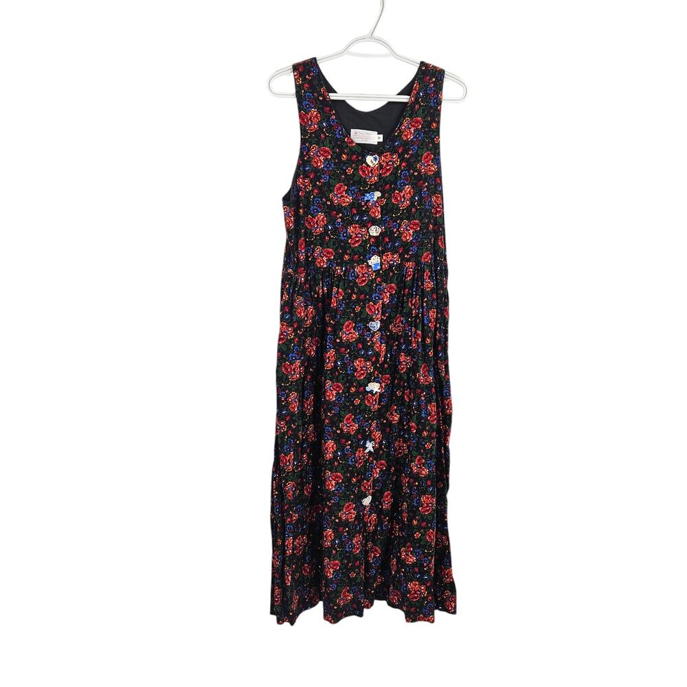 VTG Judy Fletcher Y2k 80s Dress Black Floral Sleeveless Button Down Midi Size M